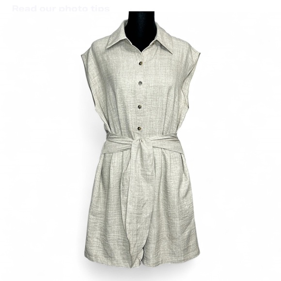 Emma & Michele Pants - EMMA & MICHELE Taupe Sleeveless Romper M, W/Button Up Pockets Tie Waist